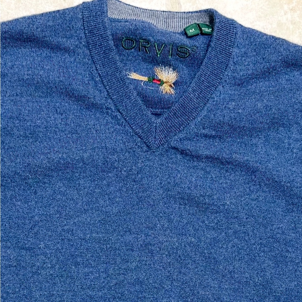 Orvis 100% Merino Wool VNeck Sweater M Blue Warm Fall/Winter Outdoors Classic